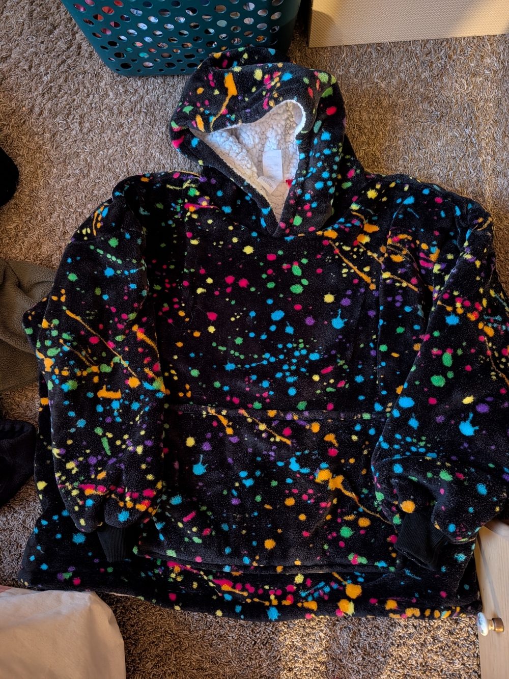 Kids Cozy Hooded Fleece Pullover Oodie - Black with Neon Splatter